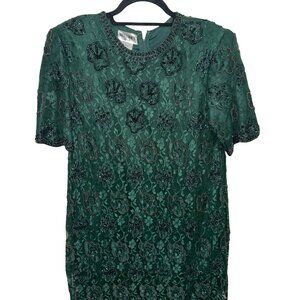 Brilliante by J.A.Vintage Beaded & Sequins Dark Green Lace MidiScallop Hem Sz M